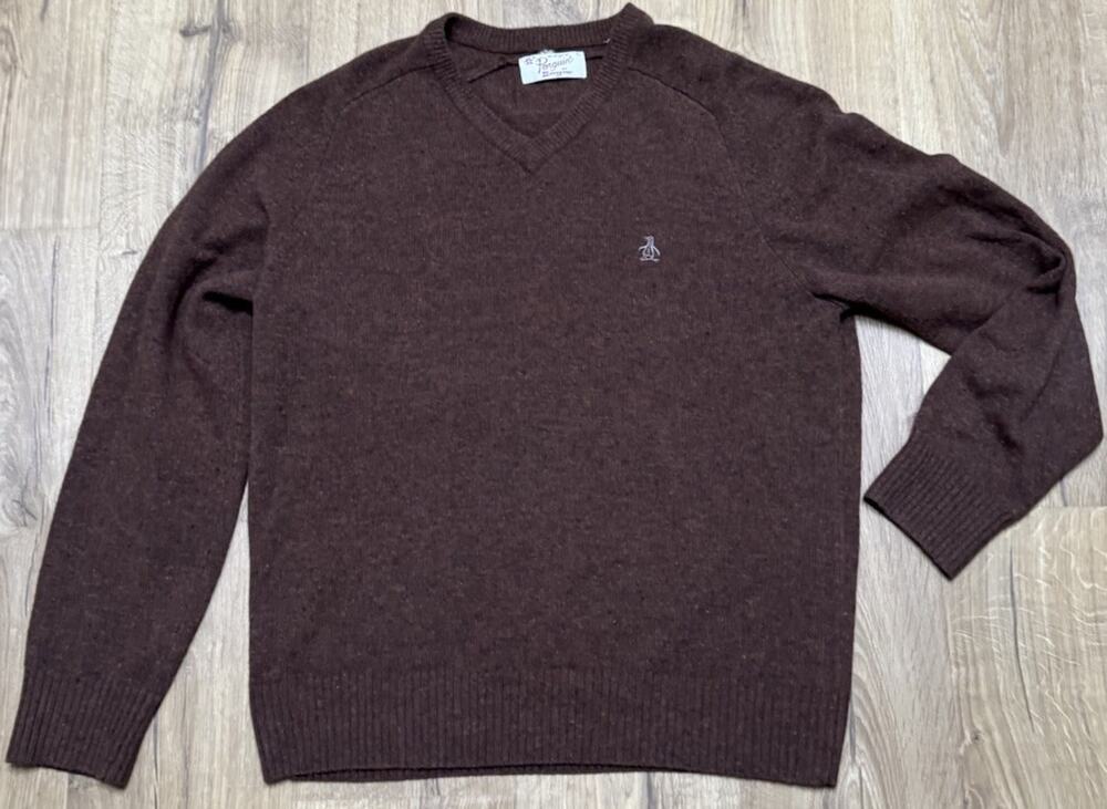 Original Penguin Sweater Men's XL 100% Lambswool Brown V-Neck Pull-Over
